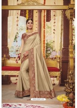 Light Beige Party Wear Designer Embroidered Dola Silk Sari