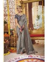 Grey Party Wear Designer Embroidered Dola Silk Sari