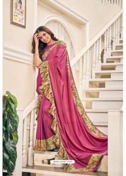 Hot Pink Party Wear Designer Embroidered Soft Silk Sari