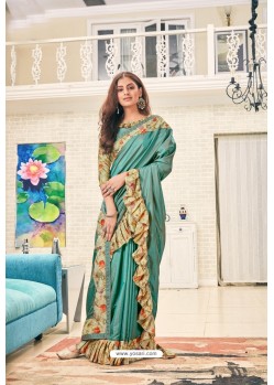Teal Party Wear Designer Embroidered Soft Silk Sari