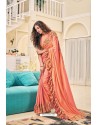 Peach Party Wear Designer Embroidered Soft Silk Sari