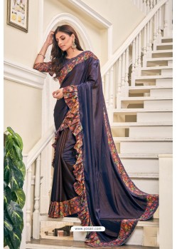 Navy Blue Party Wear Designer Embroidered Soft Silk Sari