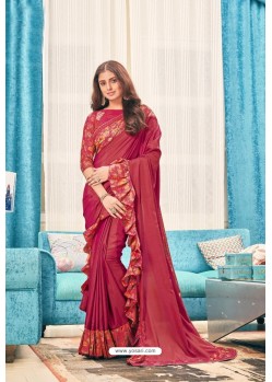 Maroon Party Wear Designer Embroidered Soft Silk Sari