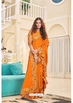 Orange Party Wear Designer Embroidered Soft Silk Sari