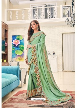 Sea Green Party Wear Designer Embroidered Soft Silk Sari