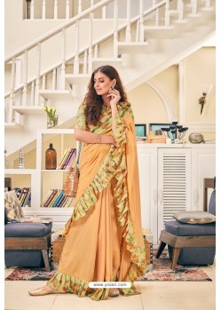 Cream Party Wear Designer Embroidered Soft Silk Sari
