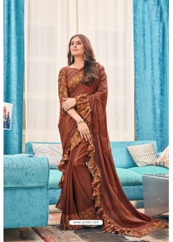 Brown Party Wear Designer Embroidered Soft Silk Sari