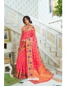Peach Party Wear Designer Pathani Silk Embroidered Sari