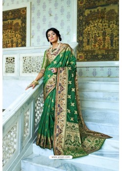 Forest Green Party Wear Designer Pathani Silk Embroidered Sari