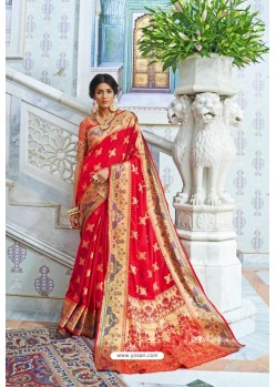 Red Party Wear Designer Pathani Silk Embroidered Sari