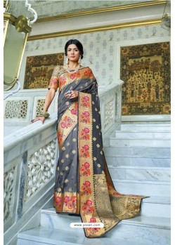 Grey Party Wear Designer Pathani Silk Embroidered Sari
