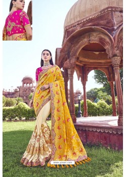 Yellow Party Wear Designer Pure Banarasi Silk Embroidered Sari