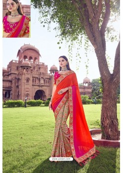 Orange Party Wear Designer Pure Banarasi Silk Embroidered Sari