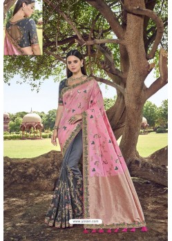 Grey Party Wear Designer Pure Banarasi Silk Embroidered Sari