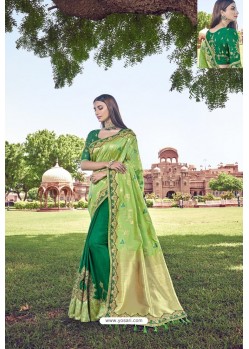 Forest Green Party Wear Designer Pure Banarasi Silk Embroidered Sari