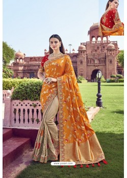 Orange Party Wear Designer Pure Banarasi Silk Embroidered Sari