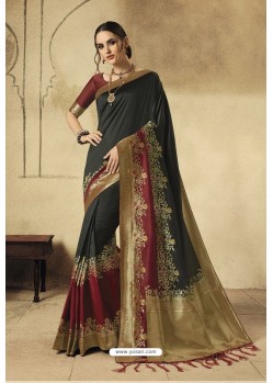 Carbon Party Wear Designer Banarasi Silk Embroidered Sari