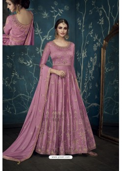 Mauve Heavy Embroidered Pure Satin Silk Designer Anarkali Suit