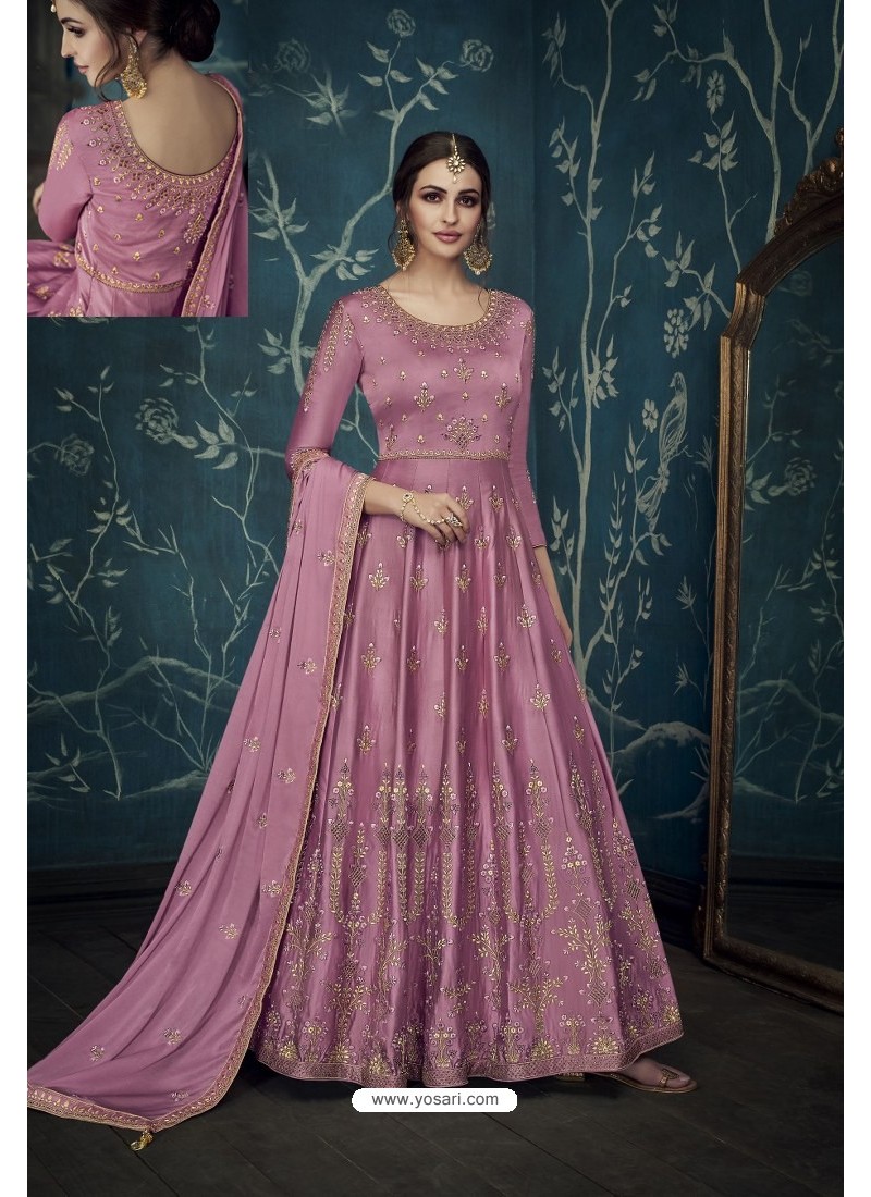 Buy Mauve Heavy Embroidered Pure Satin Silk Designer Anarkali Suit ...