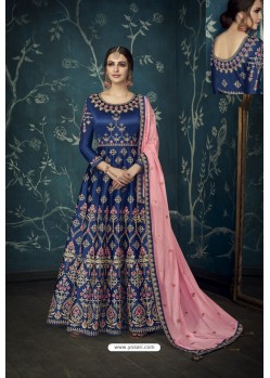 Dark Blue Heavy Embroidered Pure Satin Silk Designer Anarkali Suit