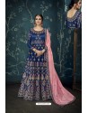 Dark Blue Heavy Embroidered Pure Satin Silk Designer Anarkali Suit