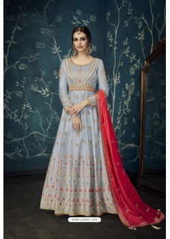 Aqua Grey Heavy Embroidered Pure Satin Silk Designer Anarkali Suit