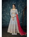 Aqua Grey Heavy Embroidered Pure Satin Silk Designer Anarkali Suit