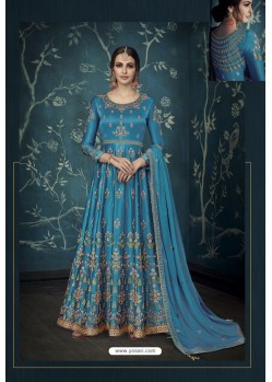 Blue Heavy Embroidered Pure Satin Silk Designer Anarkali Suit