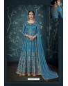 Blue Heavy Embroidered Pure Satin Silk Designer Anarkali Suit