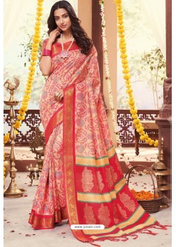 Pink Cotton Silk Printed Work Saree