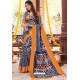 Dark Blue And Orange Cotton Silk Printed Work Saree