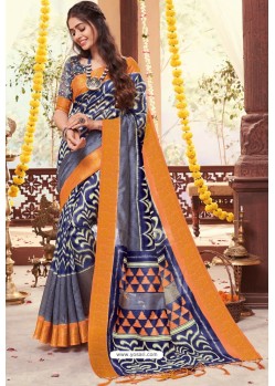 Dark Blue And Orange Cotton Silk Printed Work Saree