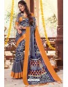 Dark Blue And Orange Cotton Silk Printed Work Saree