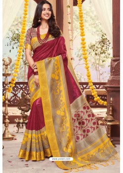 Rose Red Cotton Silk Printed Work Saree