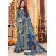 Teal Blue Cotton Silk Printed Work Saree