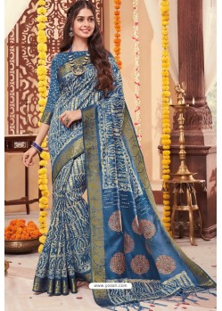 Teal Blue Cotton Silk Printed Work Saree