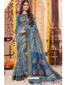 Teal Blue Cotton Silk Printed Work Saree