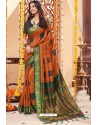 Orange Cotton Silk Printed Work Saree