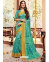 Aqua Mint Cotton Silk Printed Work Saree