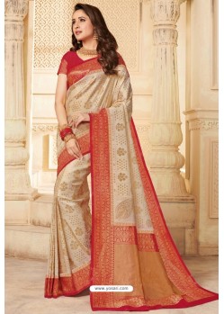 Light Beige Silk Jacquard Work Designer Saree