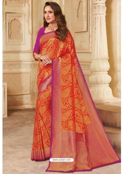 Tomato Red Silk Jacquard Work Designer Saree