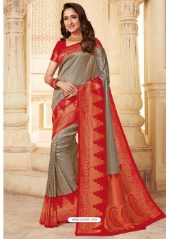 Grey Silk Jacquard Work Designer Saree