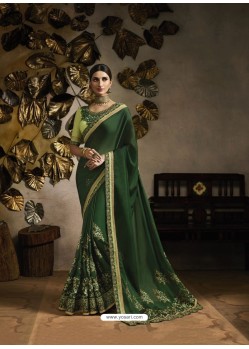 Dark Green Heavy Zari Embroidered Designer Saree