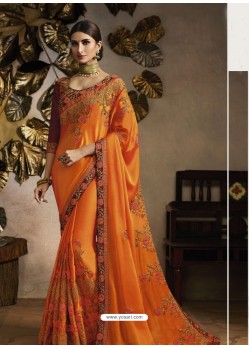Orange Heavy Zari Embroidered Designer Saree