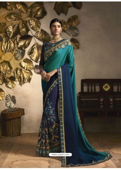 Teal And Blue Heavy Zari Embroidered Designer Saree