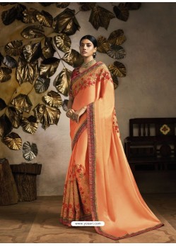 Light Orange Heavy Zari Embroidered Designer Saree