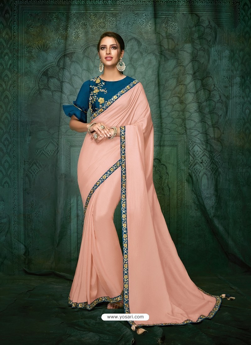 Baby Pink Satin Silk Embroidered Party Wear Saree