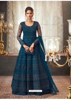 Teal Blue Net Heavy Embroidered Designer Anarkali Suits