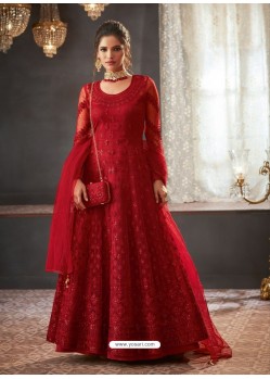 Red Net Heavy Embroidered Designer Anarkali Suits