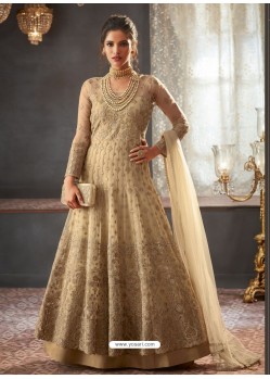 Beige Net Heavy Embroidered Designer Anarkali Suits